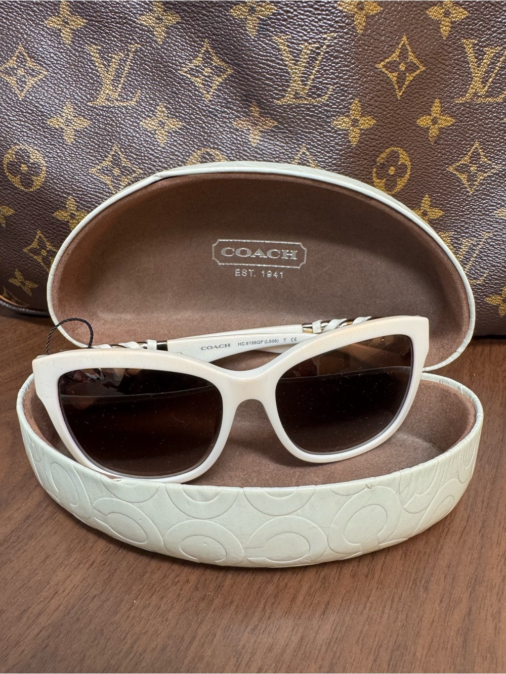 COACH Women's Cream Cat-Eye Sunglasses with Dark Brown Lenses